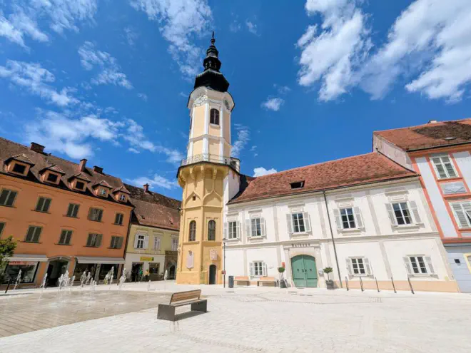 The town hall of Bad Radkersburg with tower on the main square.