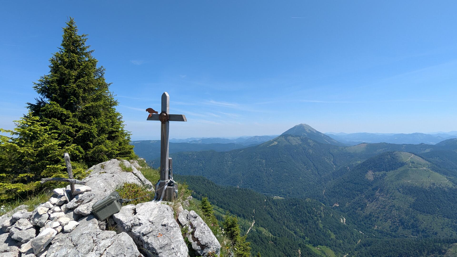 Gipfelkreuz Bärenleitkogel. Glaub ich, bin mir nicht sicher. Im Hintergrund ist der Ötscher