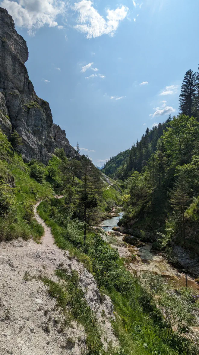 Hiking trail in the Ötschergräben along the blue Ötscherbach stream.