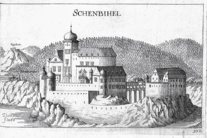 Schloss Schönbühel im 17. Jahrhundert. Litographie von Georg Matthäus Vischer aus Topographia Archiducatus Austriae Inf. Modernae.