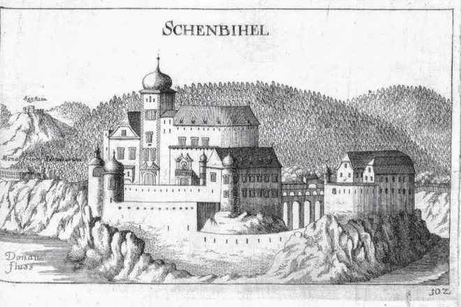 Schloss Schönbühel im 17. Jahrhundert. Litographie von Georg Matthäus Vischer aus Topographia Archiducatus Austriae Inf. Modernae.