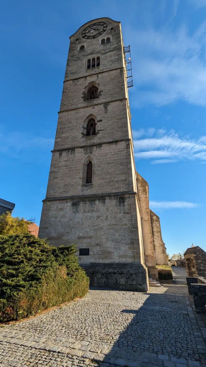 High tower of the Frauenbergkirche in Stein an der Donau.
