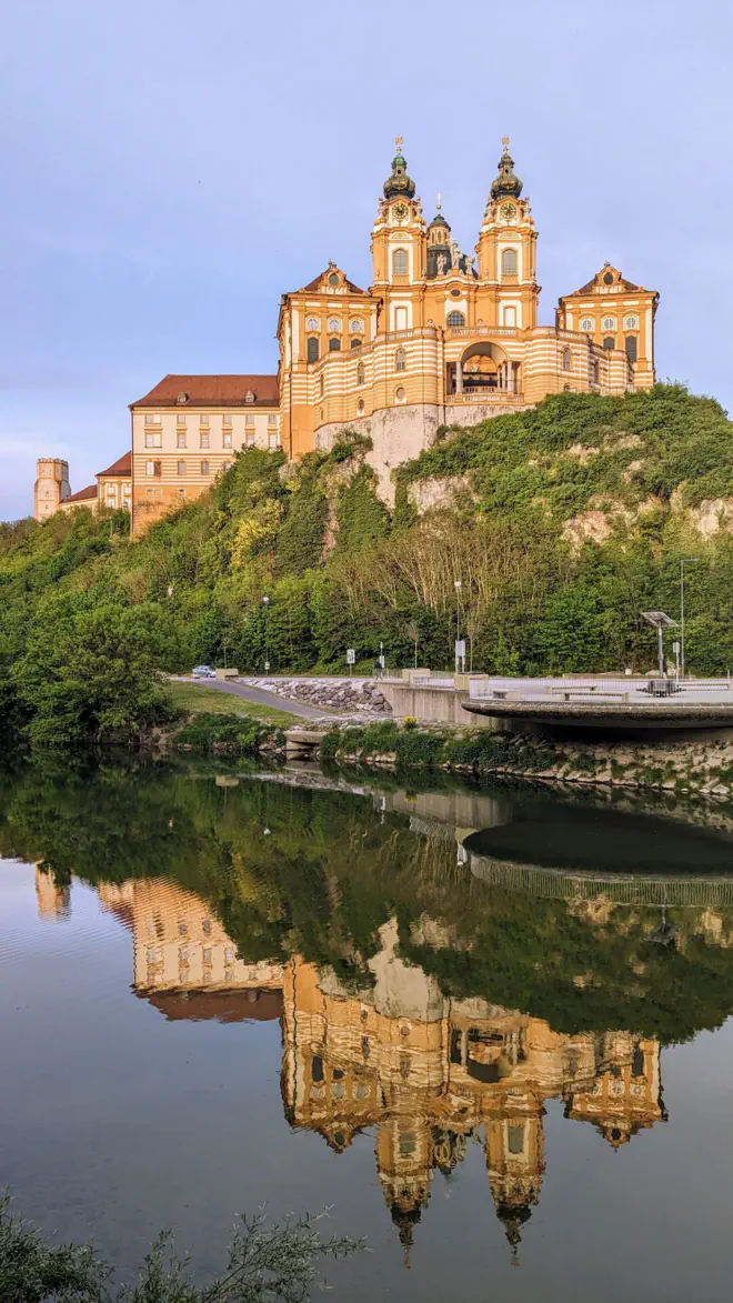 Baroque Melk Abbey on the rock seen from the Danube.